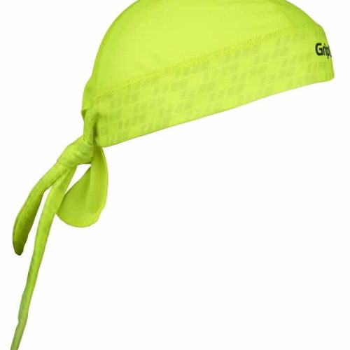 Limegrön GripGrab bandana knuten i nacken. Huvudbonaden är tillverkad i följsamt material med reflextryck och "Grip"-logga på sidan, mot en ljus bakgrund.