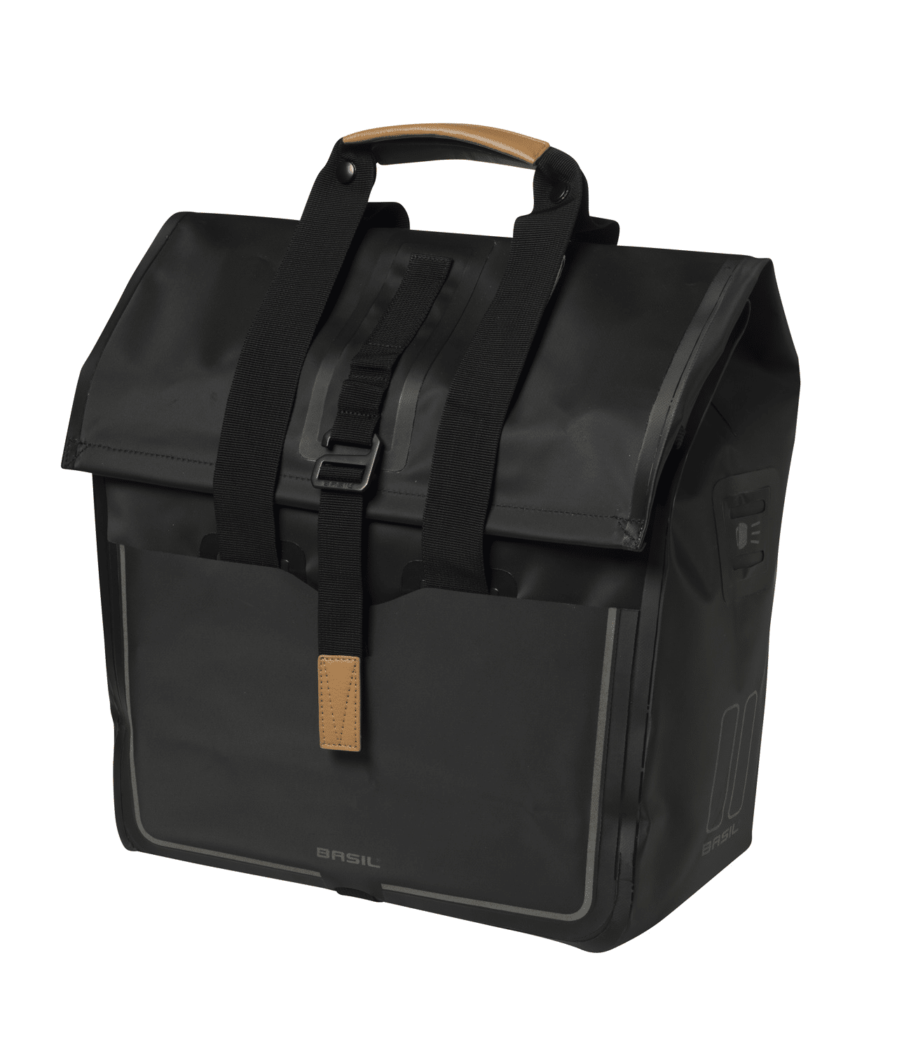 basil.dry_.shopper.25l.png Cykelväska Basil Urban Dry Shopper är en svart, rektangulär 25L cykelväska med klaffstängning, spännband, solbränt handtag, reflekterande detaljer, framficka och vattenavvisande material.