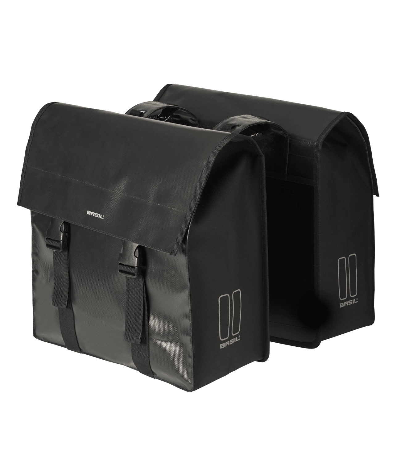 basil.urban_.load_.png Två svarta, rektangulära Cykelväska Basil Urban Load dubbelväskor (53 L) av syntetmaterial med klaffstängning, spännen, subtilt varumärke och reflekterande sidoelement. Båda är placerade sida vid sida på en slät bakgrund.