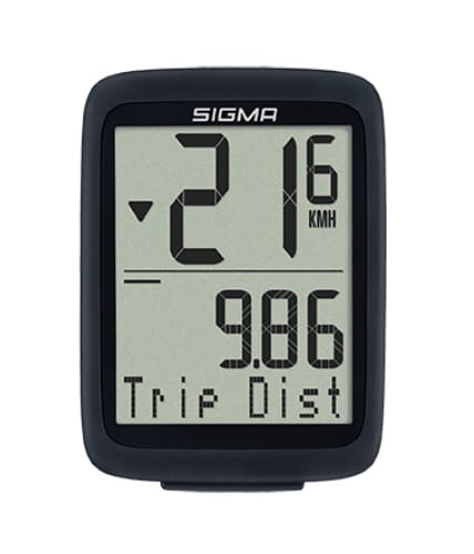 Cykeldator Sigma BC 8.0 trådlös visar en hastighet på 21,6 km/h och en körsträcka på 9,86 km, med "SIGMA"-märket på toppen.