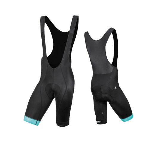 Fram- och bakifrån på Bianchi Reparto Corse Bib Short i svart med turkosa muddar på vänster ben, svarta remmar och vadderat säte, mot en vit bakgrund.