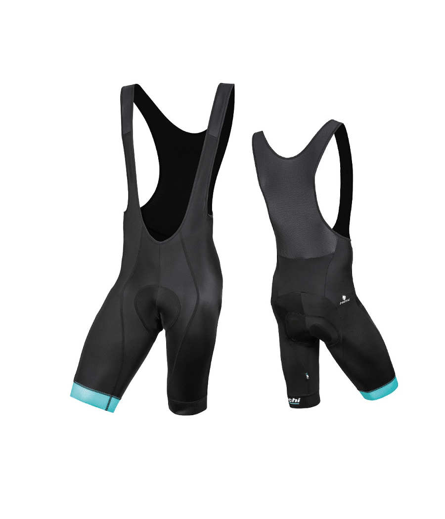bianchi-bibshort-reparto-i-svart-celeste.png Fram- och bakifrån på Bianchi Reparto Corse Bib Short i svart med turkosa muddar på vänster ben, svarta remmar och vadderat säte, mot en vit bakgrund.