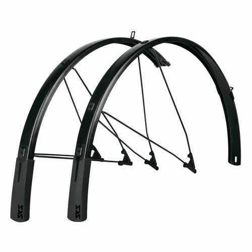 Par SKS Bluemels Style 46 mm stänkskärmar för sport/gravel/CX-cyklar med stödstag av metall, stående upprätt och vända mot varandra på en vit bakgrund. "SKS"-logotypen syns nära nederkanten.