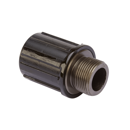 Närbild av en svart Shimano-navkropp FH-TX500 och FH-MT200. Fokuserat på den gängade delen, med jämnt ljus och hög detaljrikedom. Används som produktbild på hemsidan.