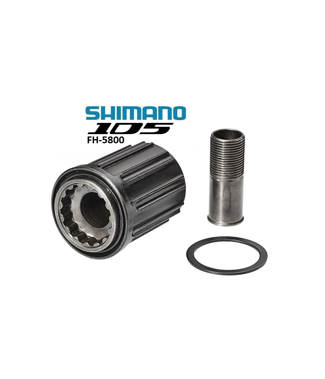 body-shimano-105-fh-5800.png En Shimano 105 FH-5800 frihjulsnavkropp visas mot en ren, vit bakgrund. Ljuset framhäver de intrikata detaljerna i splines och gängor, samt tillhörande distansbricka.