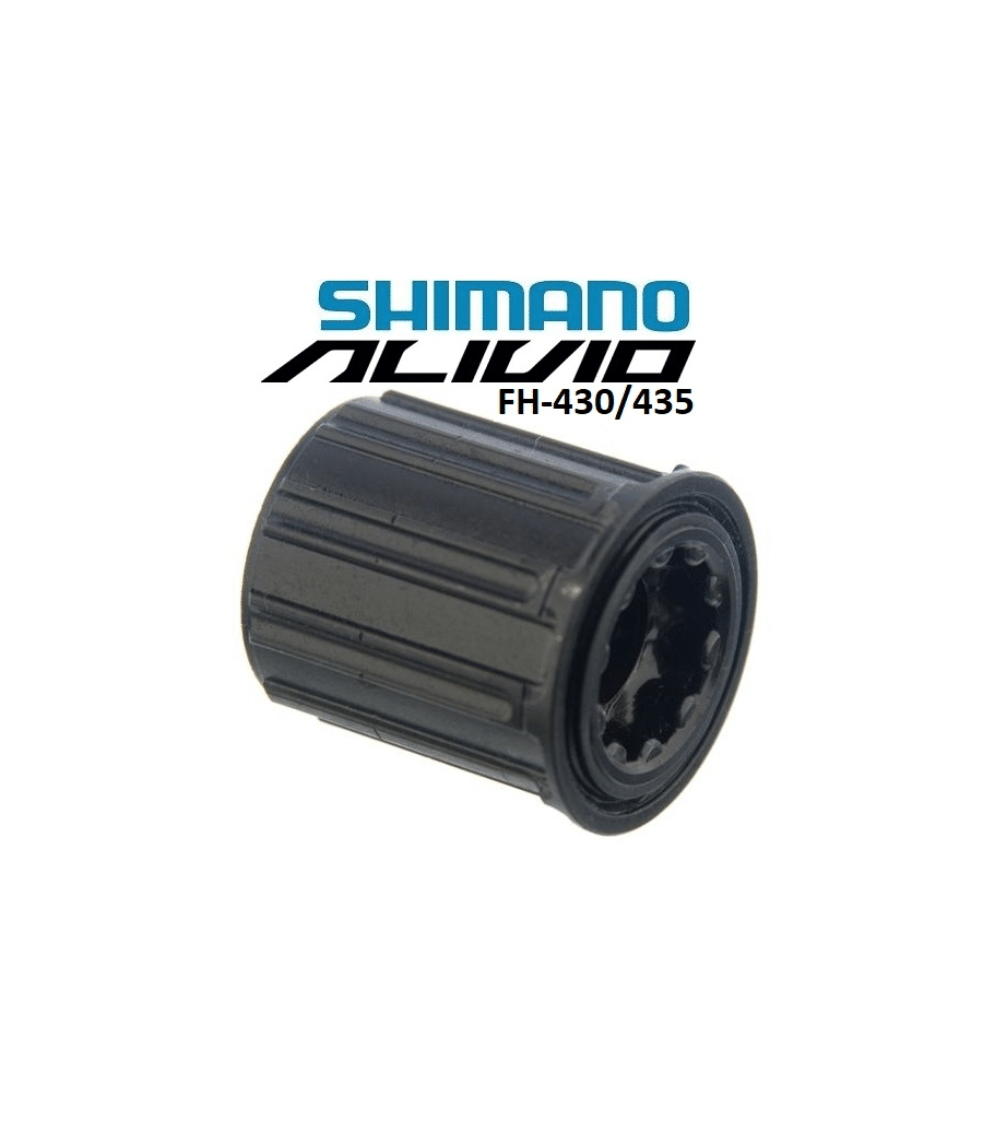 body-shimano-fh-m430-435.png Närbild av en Shimano Alivio FH-430/435 body, med fokus på detaljer som spåren och den inre splines-designen. Bra ljus framhäver materialets textur mot en vit bakgrund.