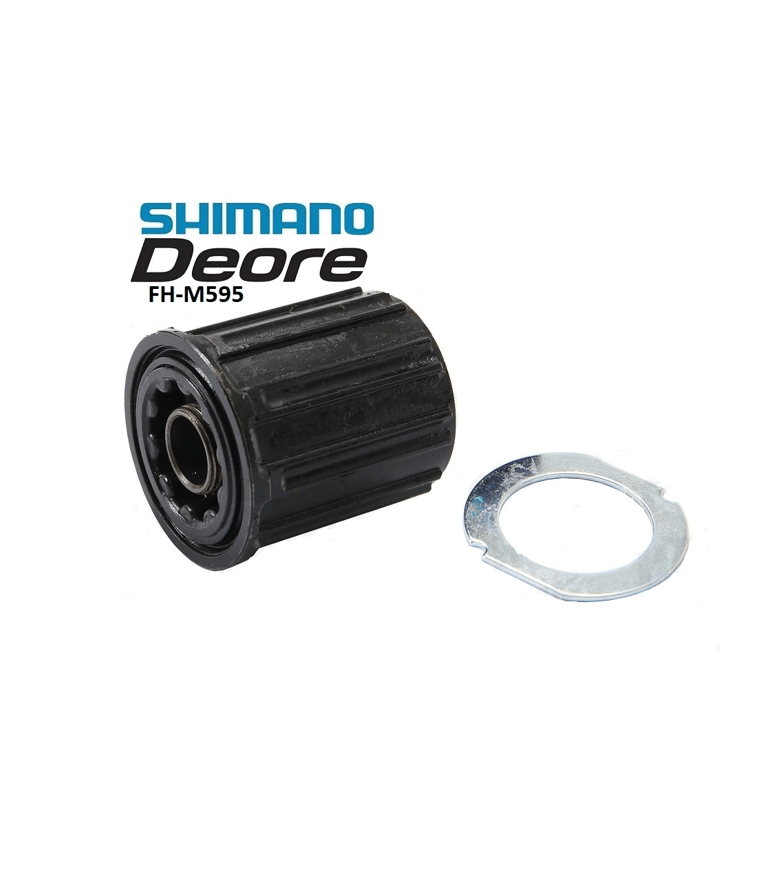 body-shimano-fh-m595.png Närbild av en Shimano FH-M595 frihjulsbody och en silverfärgad låsbricka mot en ren vit bakgrund. Detaljerad belysning framhäver ytan på cykelkomponenterna.