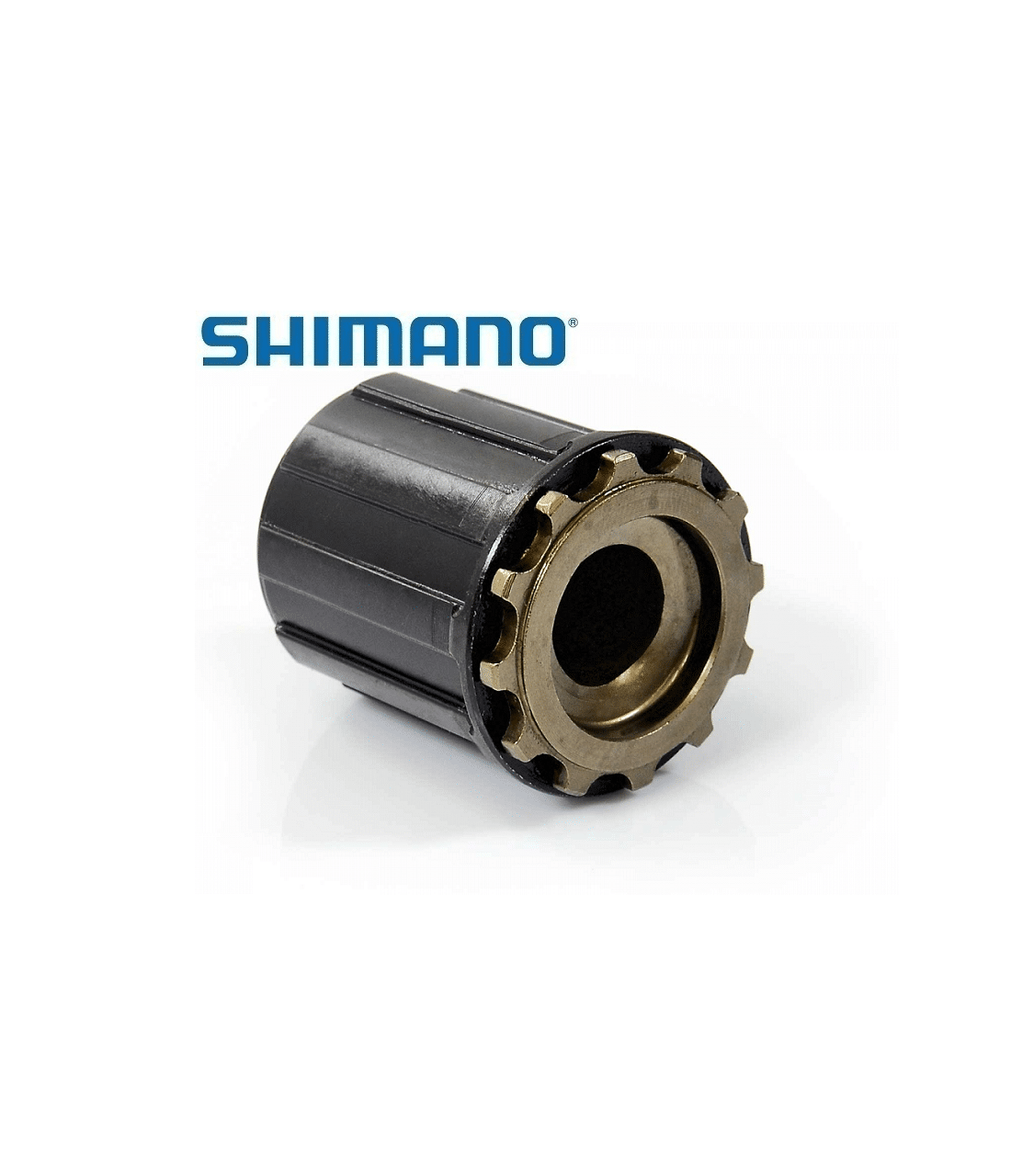 body-shimano-fh-rm33.png Shimano FH-RM33-navets frihjulsbody i närbild. Detaljerad bild i studiokvalitet med bra ljus som framhäver den svarta och guldfärgade metalliska finishen och de intrikata kugghjulen.