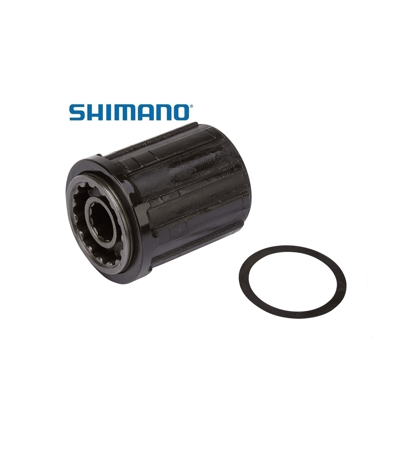 body-shimano-fh-rm35-med-bricka.png Närbild av en Shimano FH-RM35 frikropp tillsammans med en bricka, båda i svart. Produkten är avbildad mot en ren, vit bakgrund. Starkt ljus framhäver detaljerna på frikroppen och dess interna struktur.