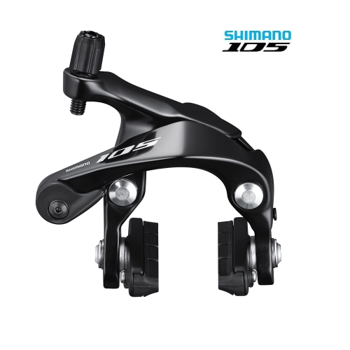 Svart Shimano 105 BR-R7000 fälgbroms i detalj, presenterad mot en ren vit bakgrund. Detaljrik skärpa framhäver bromsens konstruktion och Shimano-logotypen. Studioljus ger en jämn och reflekterande yta.