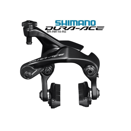 Matt svart Shimano Dura-Ace BR-R9110 direktmonterad broms i detalj, fångad i studioljus. Fokus på komponentens precisa design och höga kvalitet, passande för racerentusiaster.