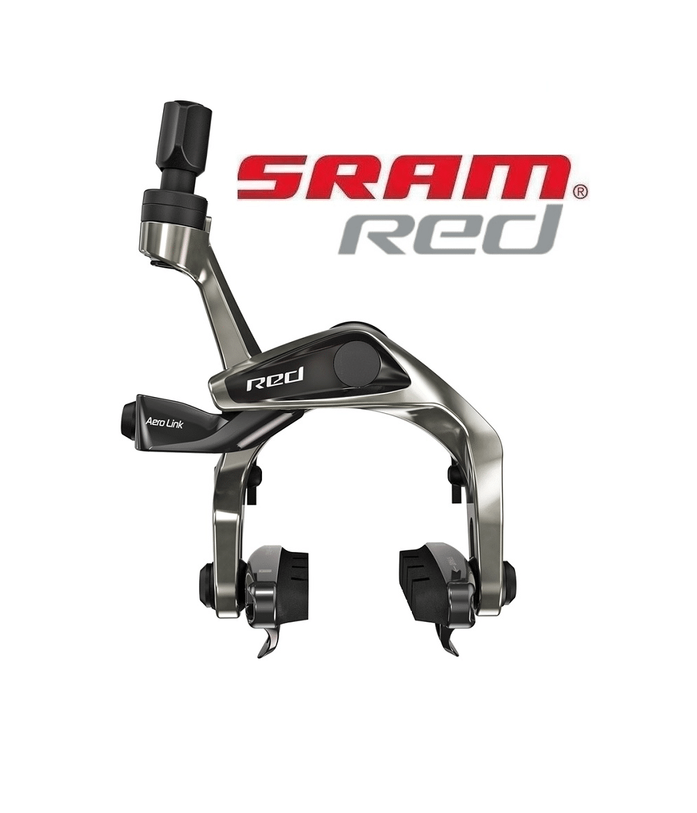 broms-sram-red.png En detaljerad bild av en Sram Red cykelbroms, perfekt belyst för att framhäva dess metalliska yta och aerodynamiska design. Logotypen syns tydligt i bakgrunden.