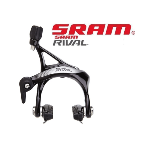 Detaljerad bild av en Sram Rival 22 broms, mot en vit bakgrund. Bromsen har en svart och silverfärgad design. Atmosfären är professionell och ljuset framhäver produktens design.