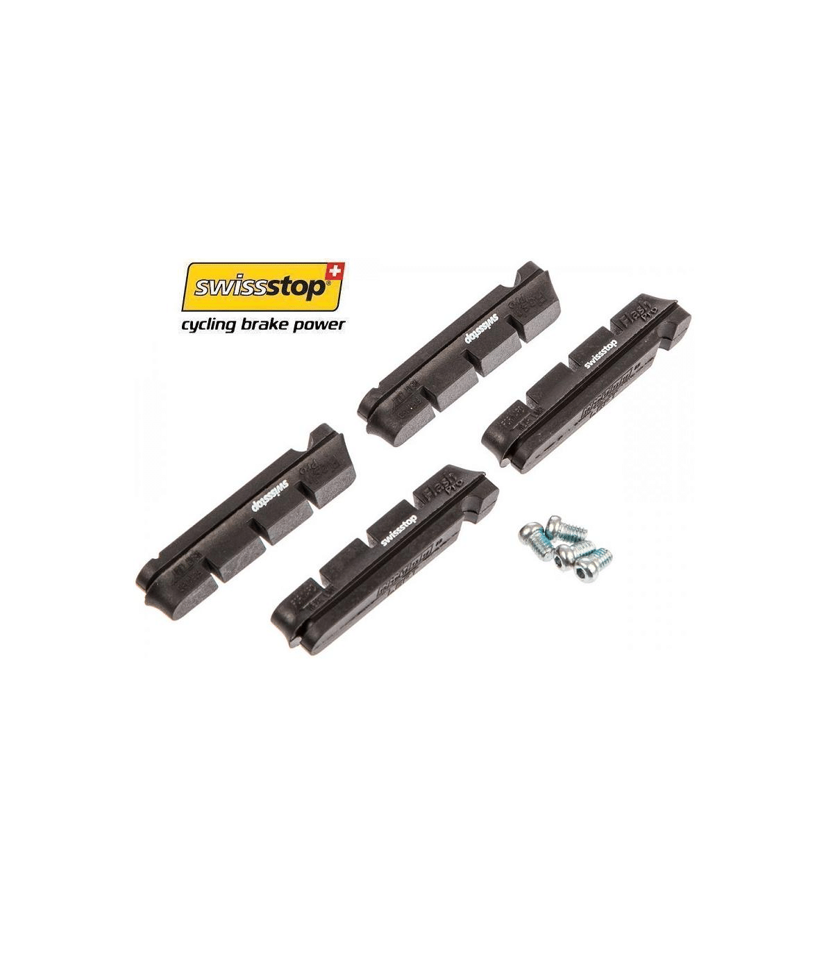 bromsbelagg-swissstop-original-black-flash-pro.png Närbild av Swissstop Original Black Flash Pro bromsbelägg för cyklar. God belysning framhäver de mörka beläggen och de medföljande silverfärgade skruvarna.