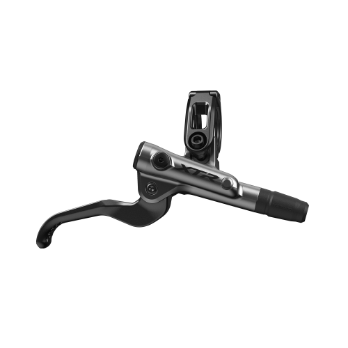 Detaljerat fotografi av ett Shimano XTR BL-M9100 skivbromsreglage. Matt silverfinish med svarta detaljer, starkt ljus framhäver metallens textur och form. Monteringsklämman är tydligt synlig.