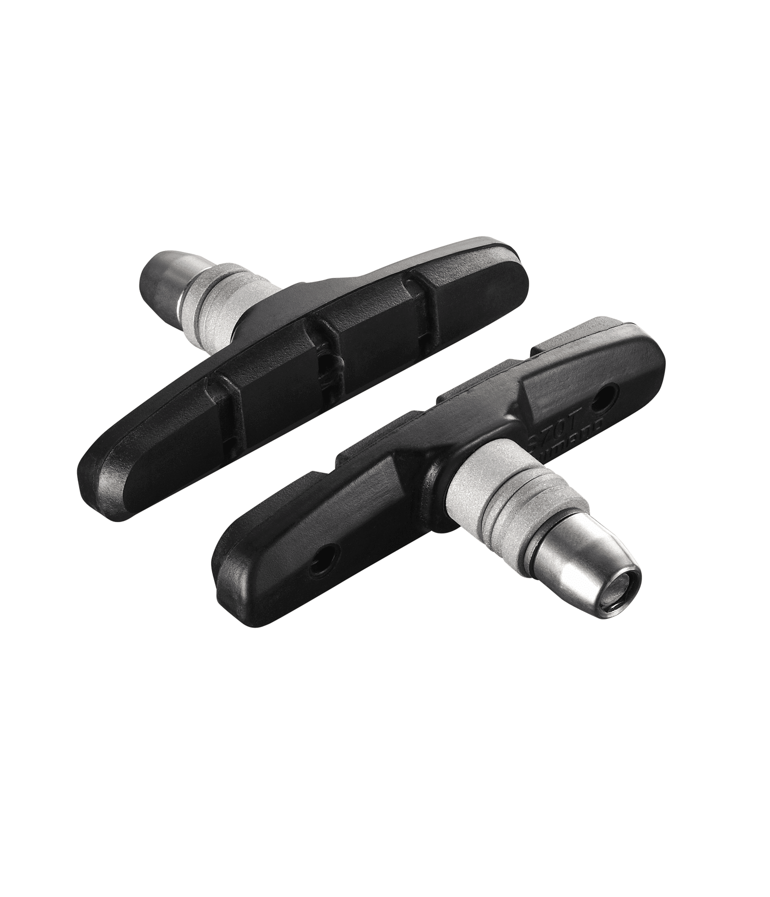 bromskloss-shimano-alivio-acera-m330.png Två svarta Shimano Alivio/Acera M330 bromsklossar, belysta med starkt ljus som framhäver detaljerna. Den silverfärgade fästpunkten kontrasterar mot det matta svarta gummit.