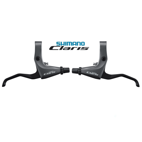 Ett par Shimano Claris BL-R2000 bromsreglage visas mot en vit bakgrund. Reglagen är grå och svarta