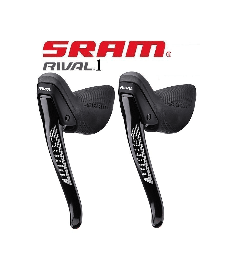 bromsreglage-sram-rival1-i-par.png Par av Sram Rival1 bromsreglage med mörk design och tydlig Sram-logotyp. Skarp belysning framhäver detaljerna och den blanka ytan, idealisk för produktvisning på webbsidan.
