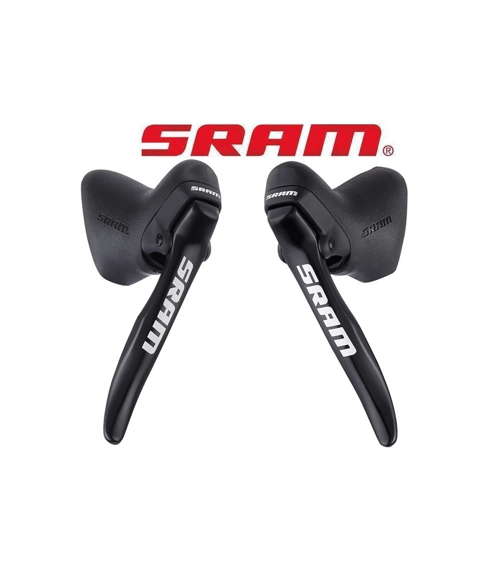 bromsreglage-sram-s-500-par.png Detaljrik bild av ett par bromsreglage Sram S-500, presenterade mot en vit bakgrund med SRAM-logotypen ovanför. Belysningen framhäver deras svarta finish och design.