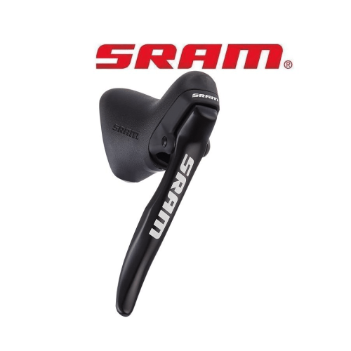 Svart bromsreglage Sram S-500, vänster, visas i detalj mot vit bakgrund med Sram-logotypen. God belysning framhäver reglagets form och textur.
