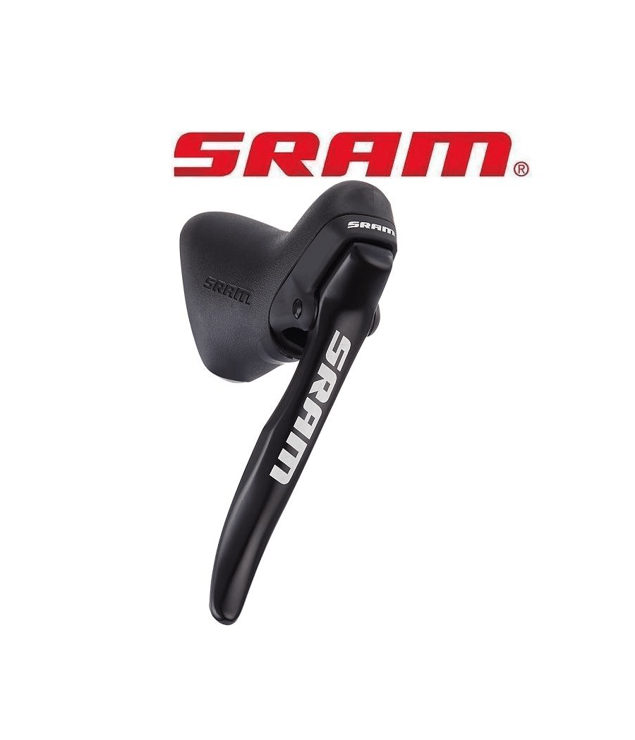 bromsreglage-sram-s-500-vanster.png Svart bromsreglage Sram S-500, vänster, visas i detalj mot vit bakgrund med Sram-logotypen. God belysning framhäver reglagets form och textur.