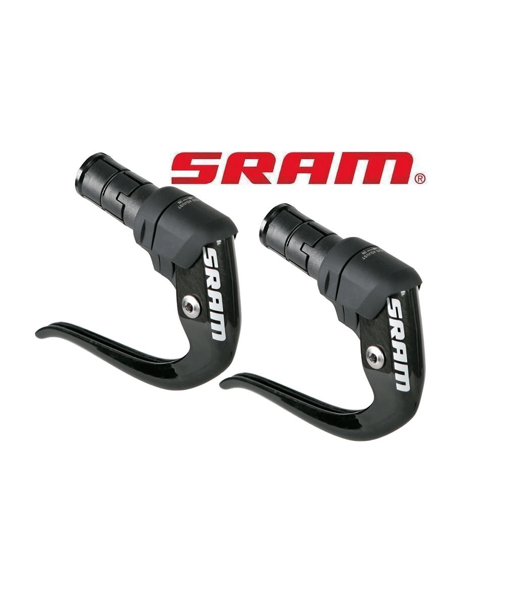 bromsreglage-sram-s-990-aero.png Ett par svarta SRAM S-990 Aero bromsreglage för TT-cyklar visas mot en vit bakgrund, med SRAM-logotypen placerad ovanför. Detaljerad produktbild med bra ljussättning som framhäver material och design.
