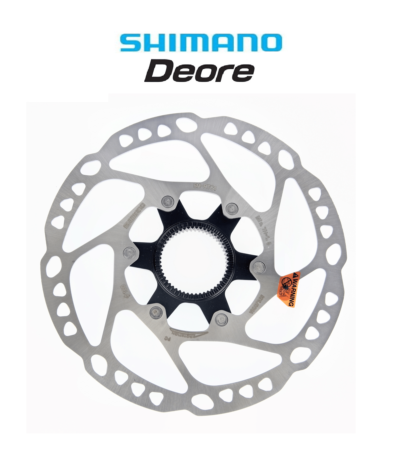 bromsskiva-shimano-deore-rt64-160mm.png Bromsskivan Shimano Deore SM-RT64, centrerat på vit bakgrund under neutral belysning, framhäver dess perforerade design och svarta mittnav med noggranna skruvdetaljer och en orange varningsetikett.