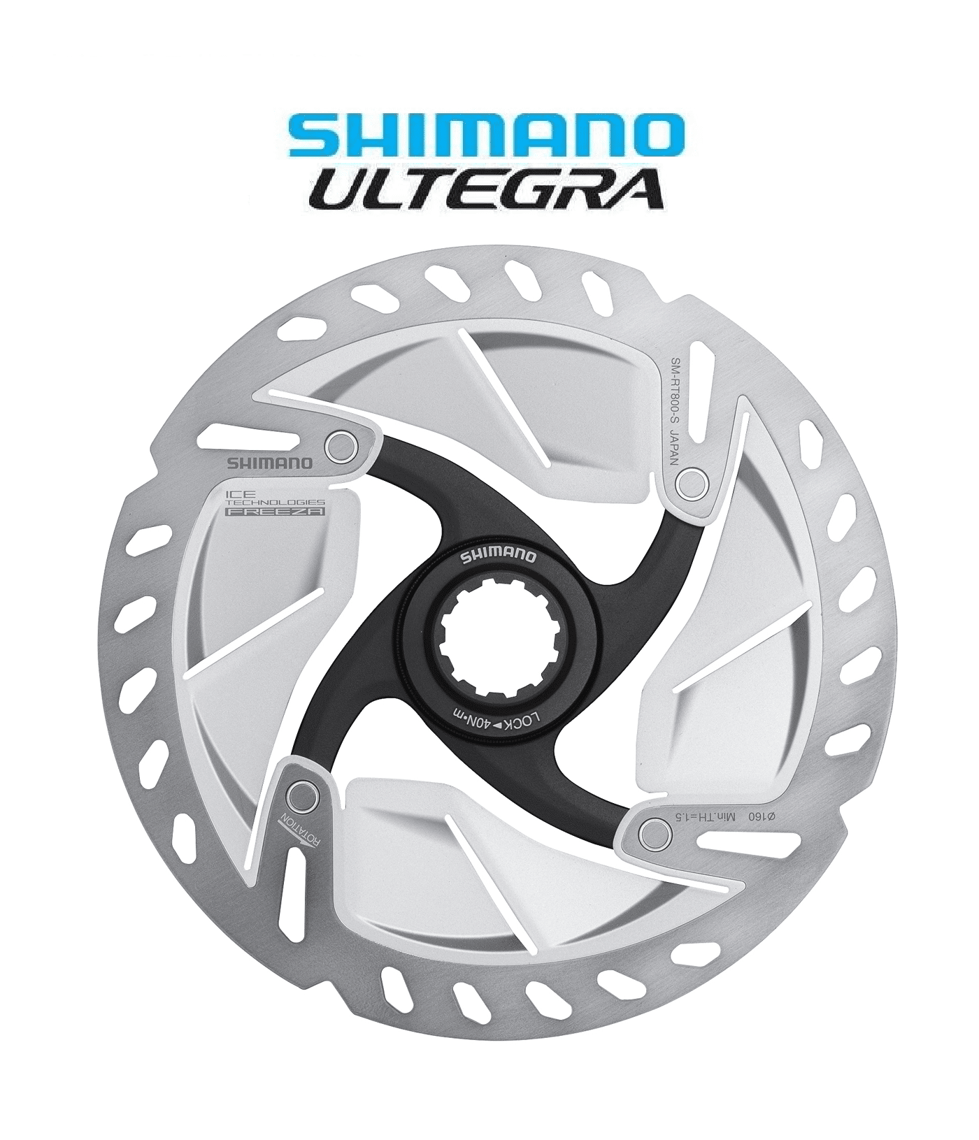 bromsskiva-shimano-ultegra-sm-rt800-140mm.png En detaljerad bild av en Shimano Ultegra SM-RT800 bromsskiva, framhävd mot en ren vit bakgrund. Skivan visar en kombination av silver och svart, med "SHIMANO ULTEGRA" tydligt markerat ovanför skivan.