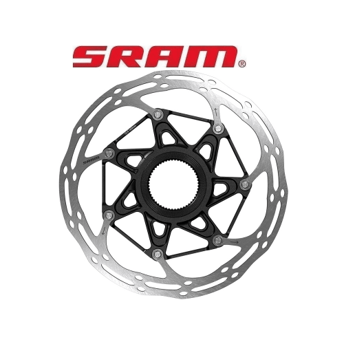 Detaljerad bild av en SRAM Centerline bromsskiva, tvådelad med Centerlock-fäste. Skivan är silverfärgad med en svart spindel. SRAM-logotypen syns tydligt i övre delen av bilden.