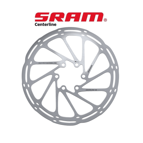 Silverfärgad bromsskiva Sram Centerline, 6-bults, mot vit bakgrund. Skivan är centrumfokuserad med varumärket SRAM synligt ovanför. Atmosfären är ljus och detaljerad.