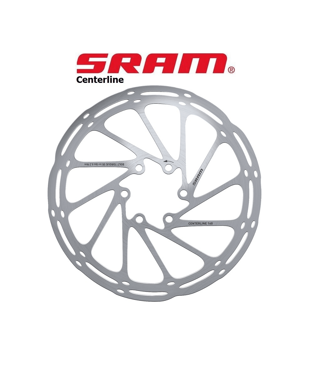 bromsskiva-sram-centerline-6-bultsfaste.png Silverfärgad bromsskiva Sram Centerline, 6-bults, mot vit bakgrund. Skivan är centrumfokuserad med varumärket SRAM synligt ovanför. Atmosfären är ljus och detaljerad.