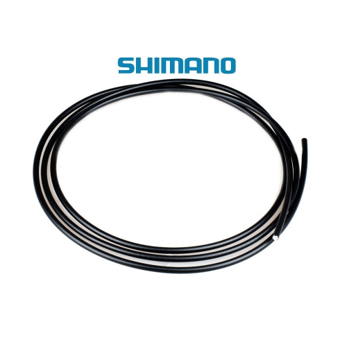 Svart bromsvajerhölje från Shimano, slingrat i en oval form på en vit bakgrund. Det ljusblåa Shimano-logotypen syns ovanför. Används för landsvägscyklar.
