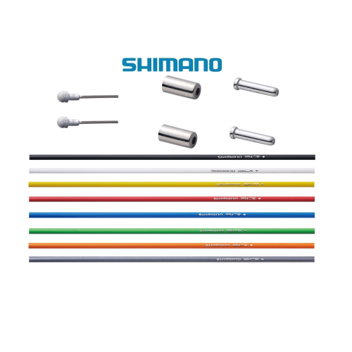 Produktbild visar ett Shimano bromsvajerset för racer, med rostfria PTFE-vajrar i olika färger och tillbehör. Studioljus framhäver detaljerna och varumärket.