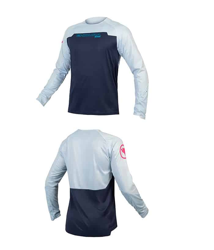burner-bla.jpg Endura MT500 Burner L/S Jersey visas framifrån och bakifrån, med ljusblå ärmar och axlar och mörkblå bröstkorg och nedre del av ryggen. En liten logotyp finns på övre delen av bröstet och på vänster ärm.