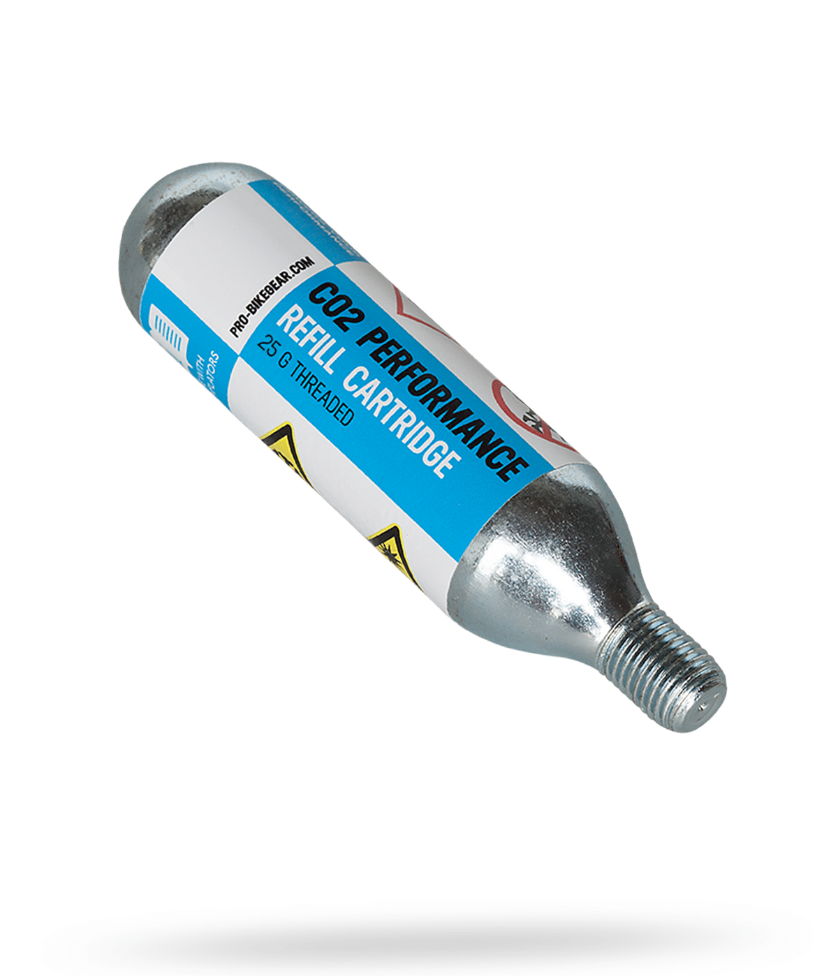co2-patron-pro-5pack.png En 25g CO2-patron med gänga, etikett med texten "CO2 PERFORMANCE REFILL CARTRIDGE", i silvermetall mot en ren, ljus bakgrund. Skuggor ger en känsla av att den svävar.