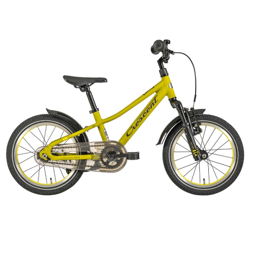 Gul barncykel med svart styre, sadel, pedaler och däck. På ramen står ordet "Crescent". Cykeln har fram- och bakskärmar och ett kedjeskydd. Den visas mot en vit bakgrund.