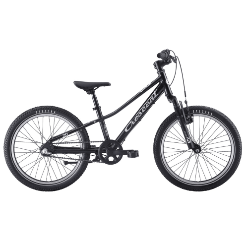 En svart Barncykel Crescent Narre 3s, 20" med sluttande överrör, stora hjul, platt styre och vadderad sits visas mot en vit bakgrund.