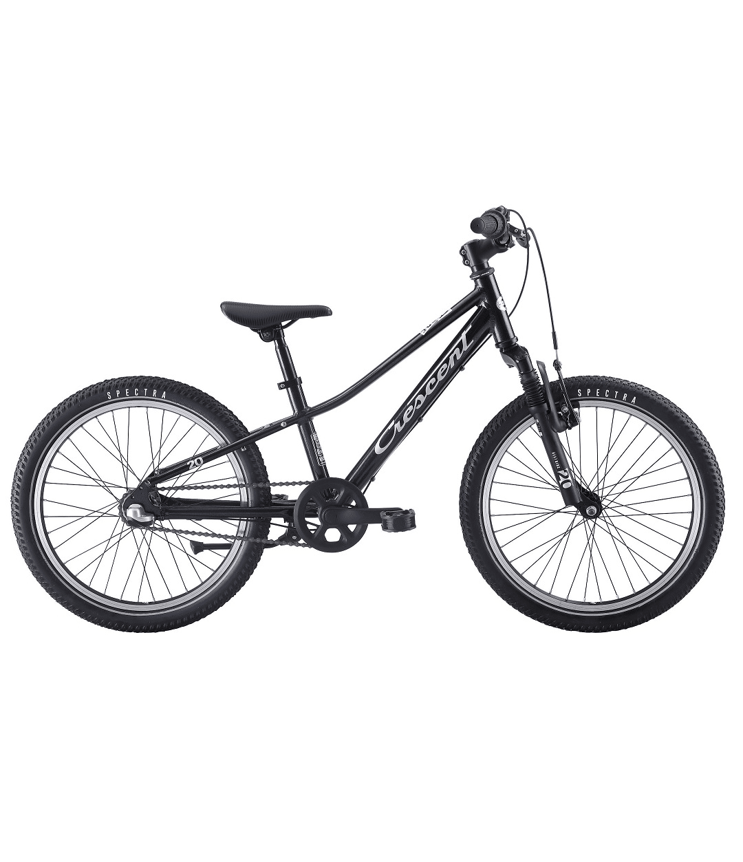 crescent.narre_.svart_.png En svart Barncykel Crescent Narre 3s, 20" med sluttande överrör, stora hjul, platt styre och vadderad sits visas mot en vit bakgrund.