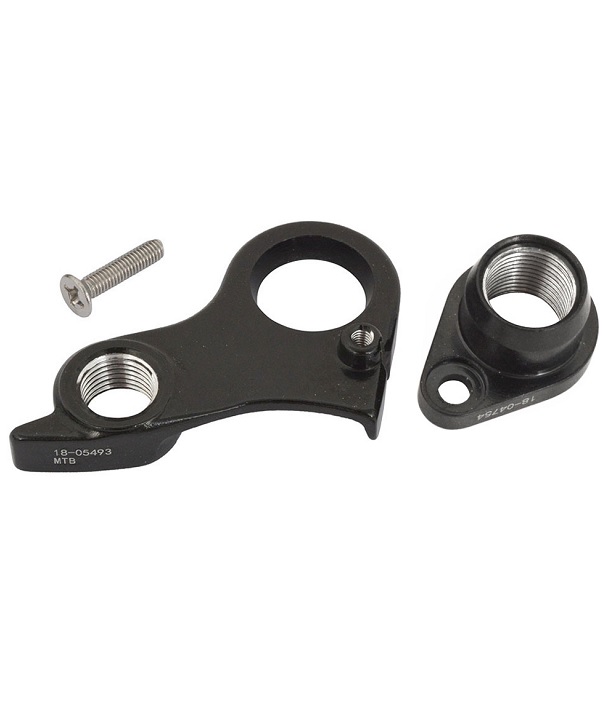 cube-mtb-x12-8651 Växelöra Cube MTB-x12-std-2020 år set är en cykelväxelhållare i svart metall med en monteringsskruv, med två delar med gängade hål och plana ytor, som visas på en vit bakgrund.