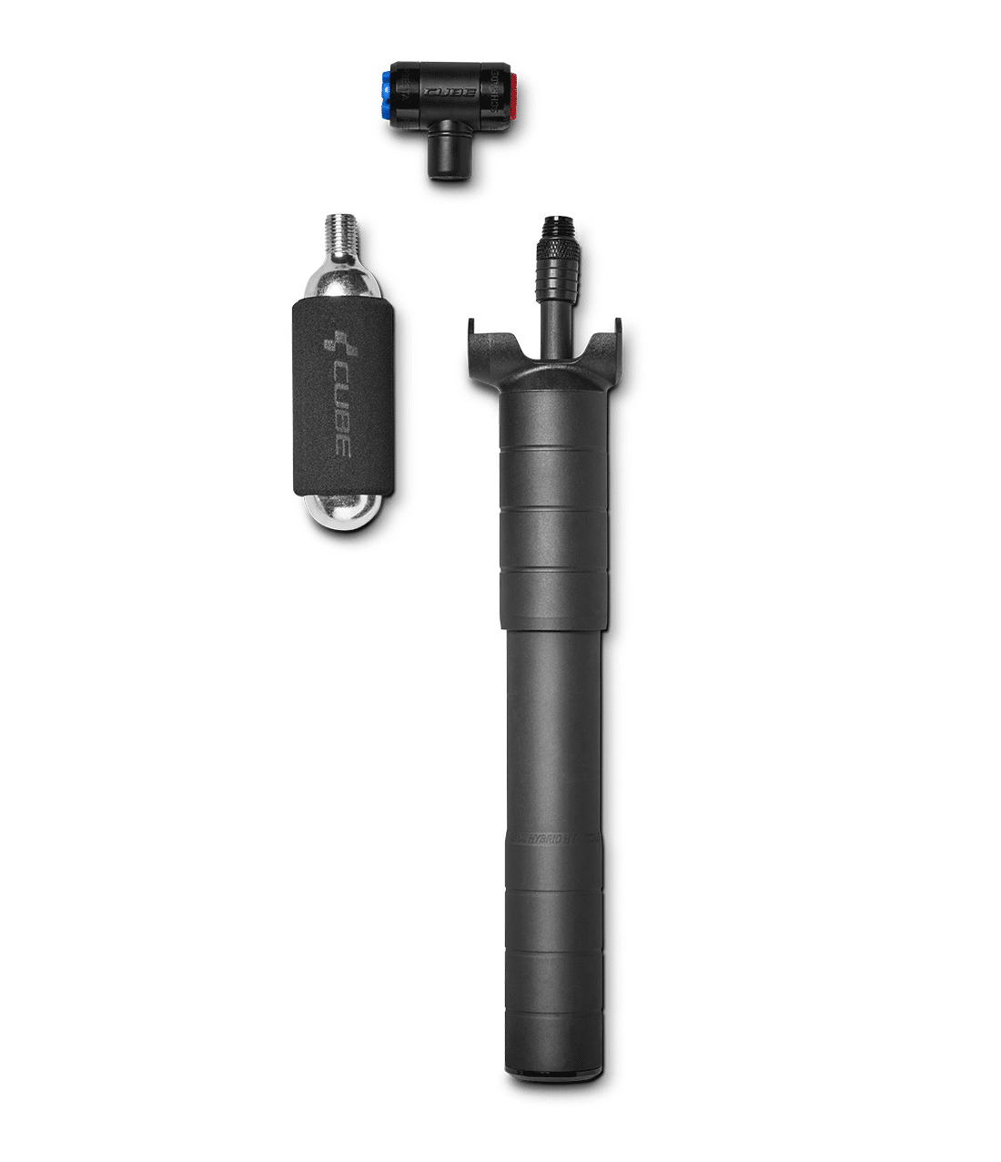 cube.race_.hybrid.sv_.mini_.pump_.png En Cube Race hybrid HV + Co2 pump i aluminium, liggandes på en vit bakgrund. Pumpen är svart och har en Co2 patron med ett Cube märkt handtag.