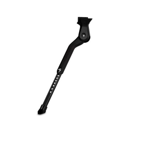 Ett svart Cube Cubestand Pro cykelstöd, avsett för bakramen, mot en ren vit bakgrund. Den subtila belysningen framhäver detaljerna och den justerbara längden.