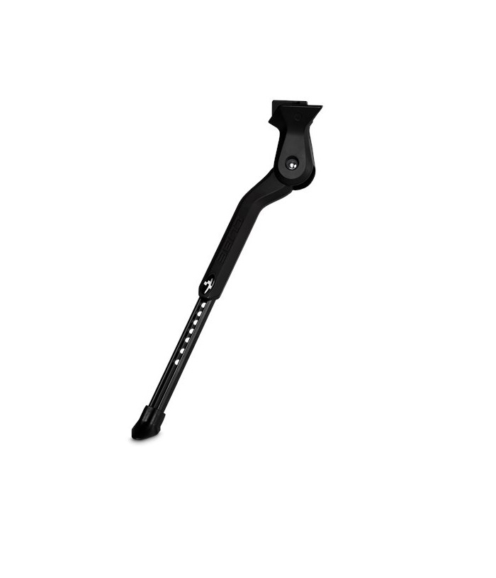 cubestand Ett svart Cube Cubestand Pro cykelstöd, avsett för bakramen, mot en ren vit bakgrund. Den subtila belysningen framhäver detaljerna och den justerbara längden.