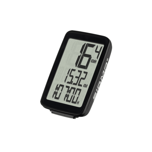 Cykeldator Sigma Pure 1, i svart med en tydlig LCD-skärm, visar en aktuell hastighet på 16 km/h, en sträcka på 1532 km och en tid på 87 timmar och 00 minuter.