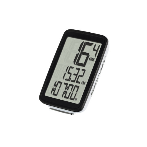 Cykeldator Sigma Pure 1 ATS är en digital cykeldator som visar hastighet i km/h, total distans i km och tid i timmar på en svartvit skärm, med varumärket Sigma på sidan.