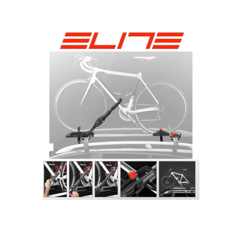 En vit cykel på ett takräcke till en bil med "Cykelhållare Elite Ronda Sport" i rött ovanför. Fyra mindre bilder nedan visar närbilder av montering och fastsättning av cykelhållaren.