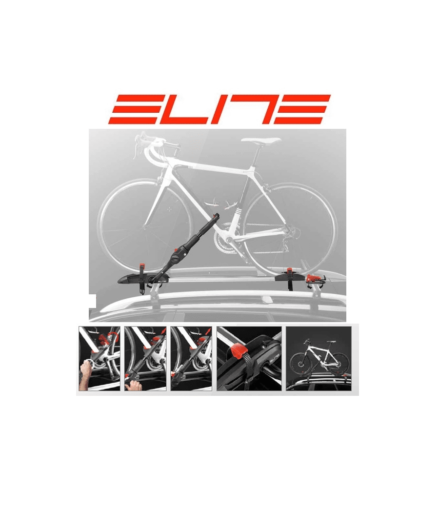 cykelhallare-elite-ronda.png En vit cykel på ett takräcke till en bil med "Cykelhållare Elite Ronda Sport" i rött ovanför. Fyra mindre bilder nedan visar närbilder av montering och fastsättning av cykelhållaren.