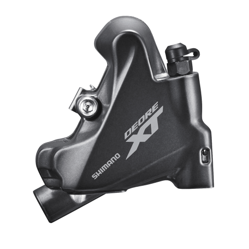 Detaljerad bild av ett Shimano Deore XT BR-M8110 skivbromsok, Flat mount. Gråtoner dominerar i en ren, välbelyst studiofotografering som framhäver okets precisa design och logotyper.
