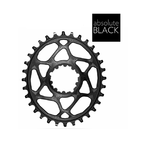 Ett detaljrikt fotografi av en svart AbsoluteBlack oval kedjekrans för Sram, med 6mm offset. Kransen är presenterad mot en ljus bakgrund, vilket framhäver dess intrikata design och ovala form.
