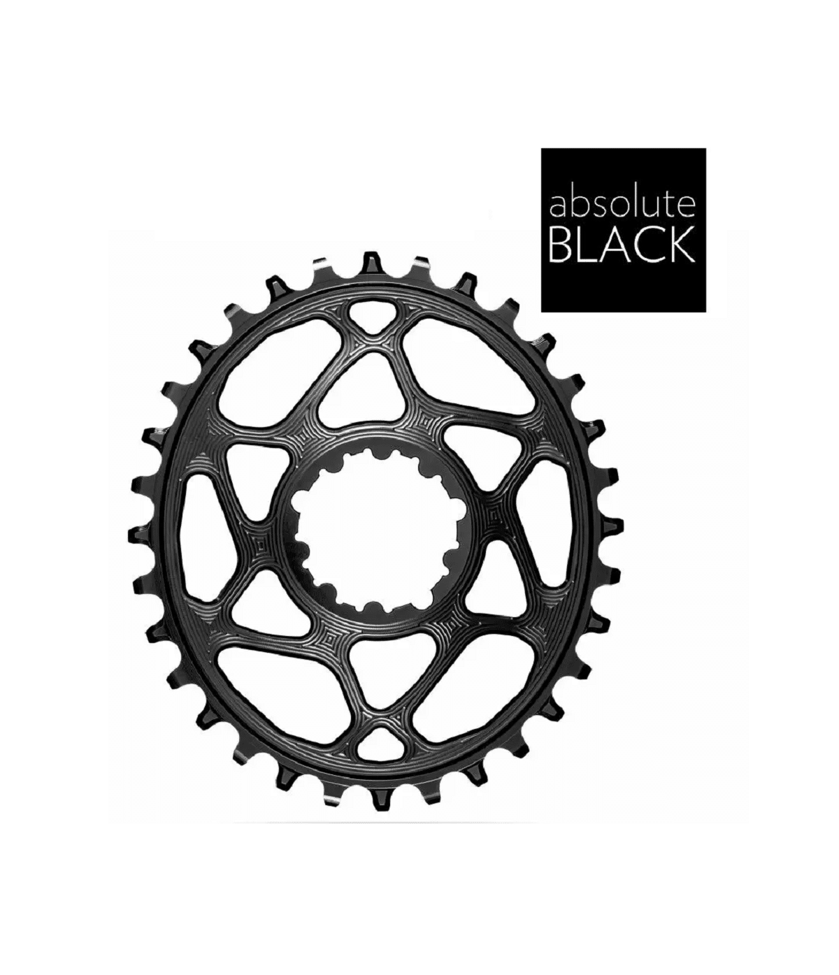drev-absoluteblack-oval-6mm-offset-svart.png Ett detaljrikt fotografi av en svart AbsoluteBlack oval kedjekrans för Sram, med 6mm offset. Kransen är presenterad mot en ljus bakgrund, vilket framhäver dess intrikata design och ovala form.