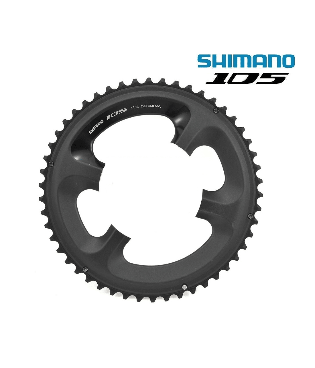 drev-shimano-105-fc-5800.png En svart Shimano 105 FC-5800 framdrev i detalj, fotograferad i ett välbelyst studioljus. Den skarpa bilden visar kedjekransens tänder och texten 'Shimano 105 11S 50-34MA'.